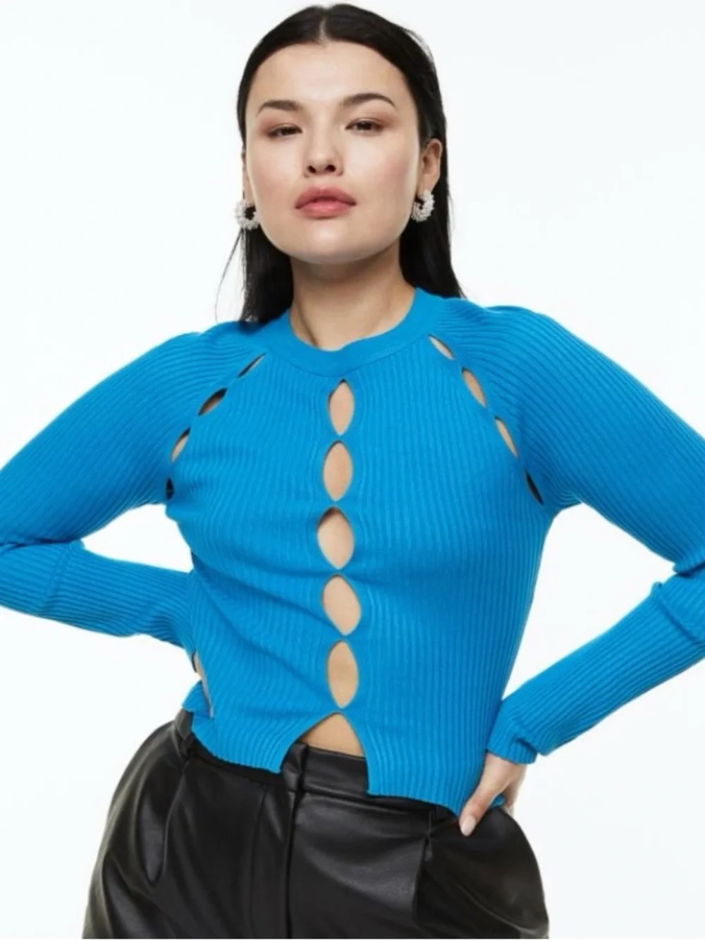 H&M Bright Blue Ribbed Cutout Long-Sleeve Top